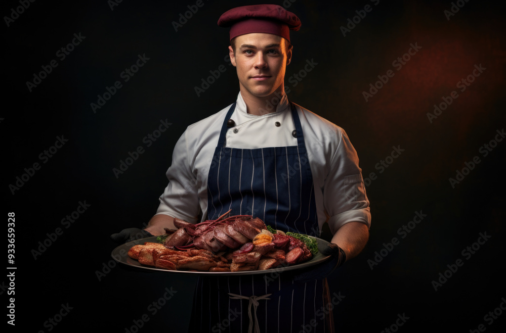 A chef, poised and focused, is expertly holding a beautifully arranged tray filled with assorted meats and vibrant vegetables, ready for the next culinary delight A chef, poised and focused, is expertly holding a beautifully arranged tray filled with assorted meats and vibrant vegetables, ready for the next culinary delight