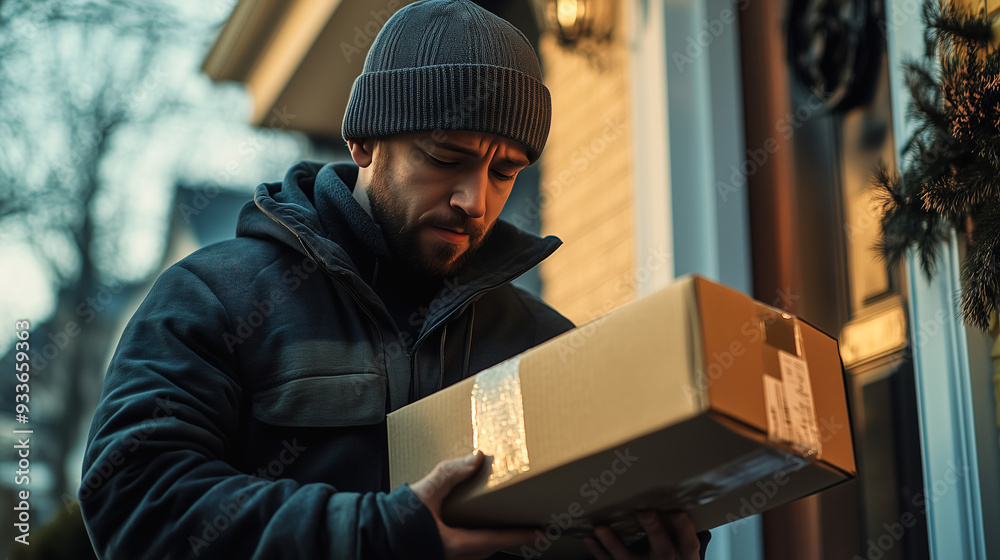 A delivery person, wearing winter clothing and a hat, is standing outside a house door, holding and examining a package. A delivery person, wearing winter clothing and a hat, is standing outside a house door, holding and examining a package.