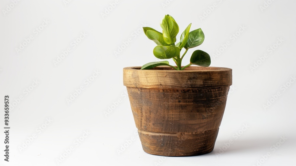 Small green plant growing in rustic wooden pot on white background Small green plant growing in rustic wooden pot on white background
