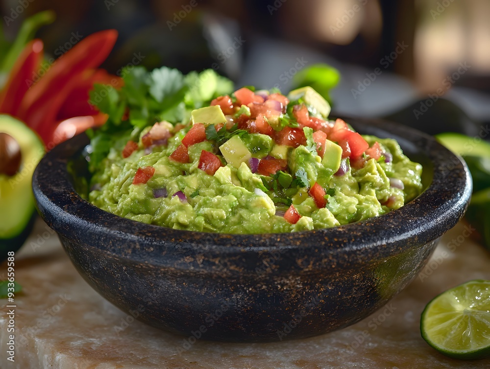 Guacamole Dip in a Bowl with Fresh Ingredients