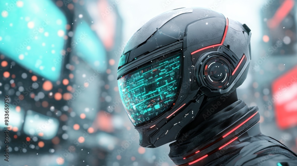 Futuristic helmet with neon lights, set against a snowy urban landscape, representing technology.