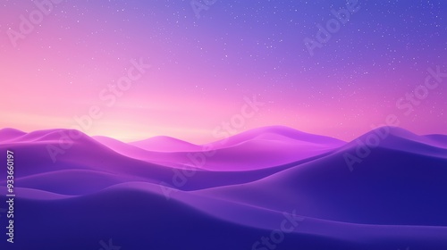 A serene landscape of rolling hills bathed in soft purple and pink hues, evoking sense of calm and tranquility under starry sky. 