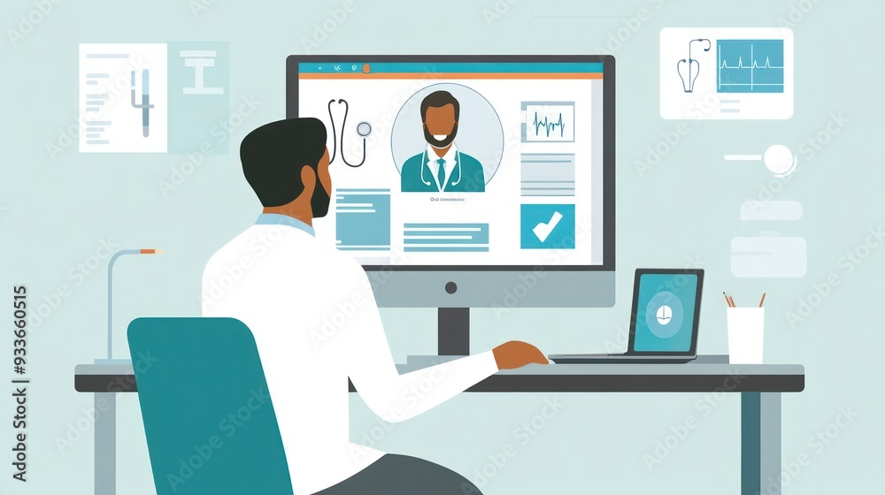 Doctor using a computer for telemedicine Doctor using a computer for telemedicine