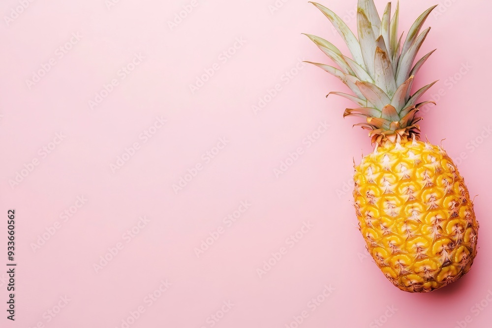 Gold Pineapple on a pink background, top view, copy space. Summer background concept with generative ai Gold Pineapple on a pink background, top view, copy space. Summer background concept with generative ai