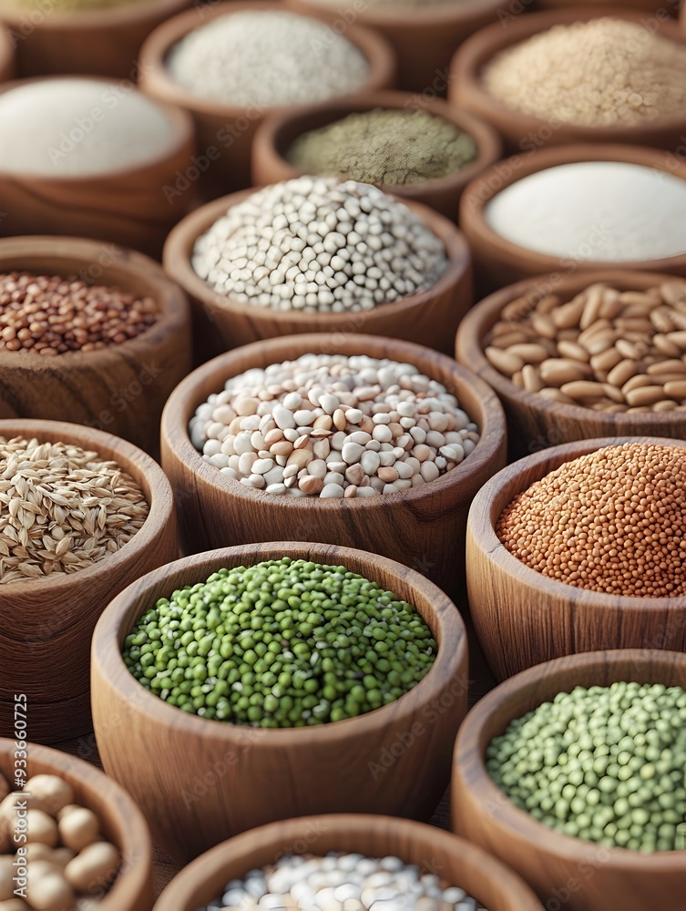 Assortment of Organic Grains and Legumes in Wooden Bowls Assortment of Organic Grains and Legumes in Wooden Bowls