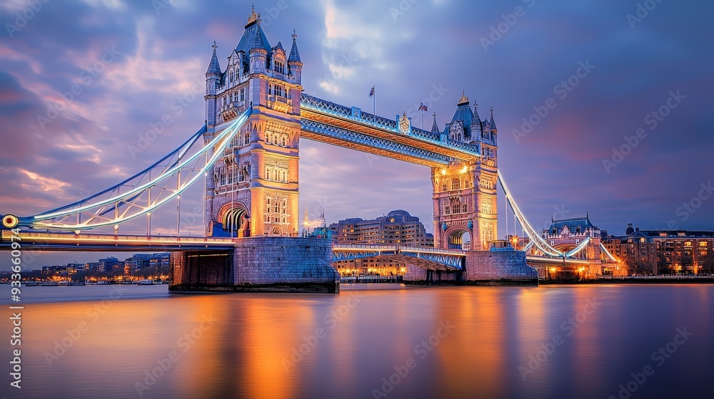 Fototapeta premium 16. The Tower Bridge in London, UK, lit with royal blue and gold patterns at dusk. The iconic bridge reflects in the Thames River below. Realistic, fantasy style