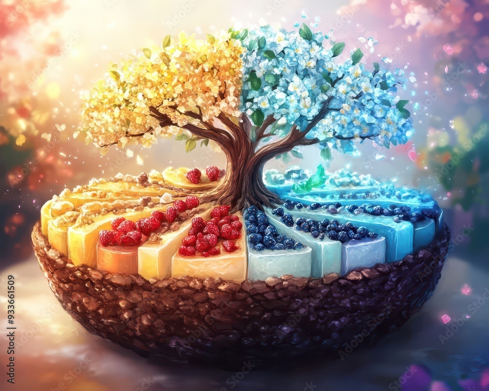 Naklejka premium A pie chart shaped like a tree, with each slice representing different assets.