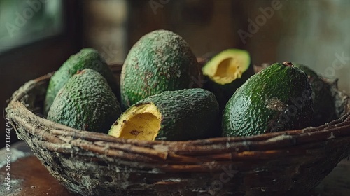 A basket of overripe avocados rotting on a wooden surface, illuminated by natural lighting, exuding earthy tones and depicting the natural process of decay. photo