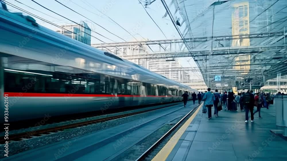 A modern high-speed train carries passengers to a busy and bustling station. A modern high-speed train carries passengers to a busy and bustling station.