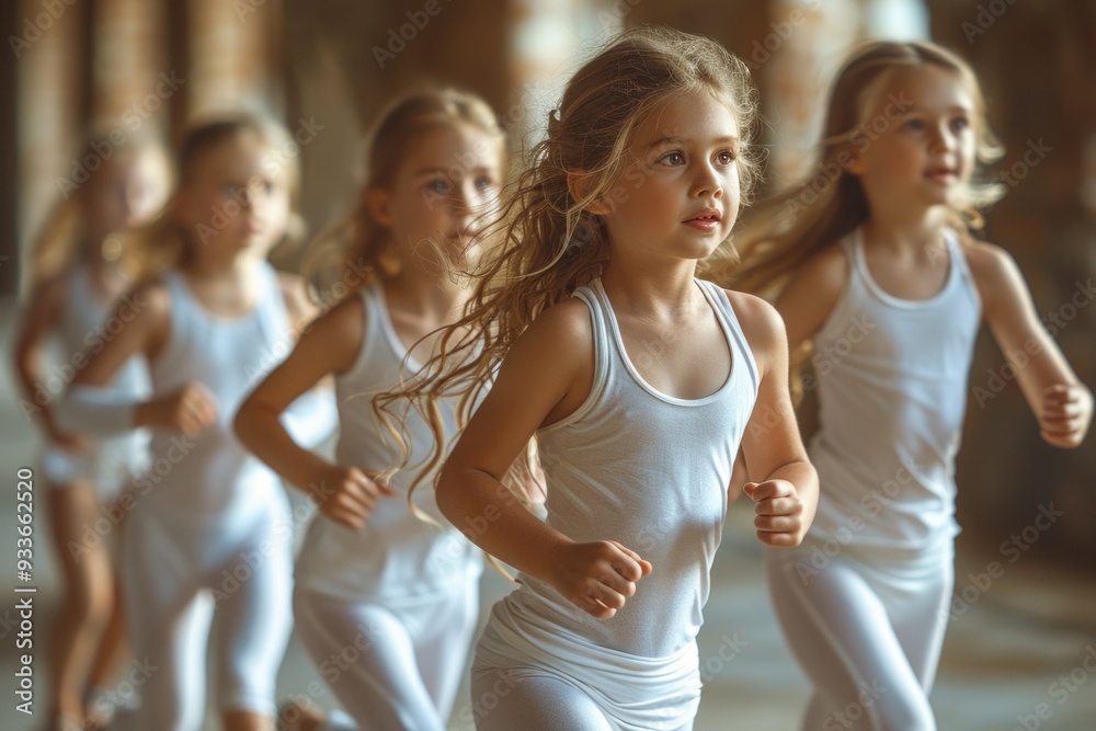 Fototapeta premium Young active kids in sports training, exercise routine, healthy lifestyle