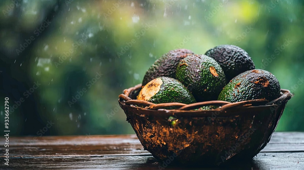 A basket of overripe avocados rotting on a wooden surface, illuminated by natural lighting, exuding earthy tones and depicting the natural process of decay. A basket of overripe avocados rotting on a wooden surface, illuminated by natural lighting, exuding earthy tones and depicting the natural process of decay.