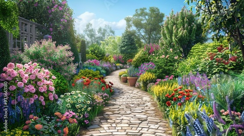 Colorful Flower Garden Path 3D Illustration