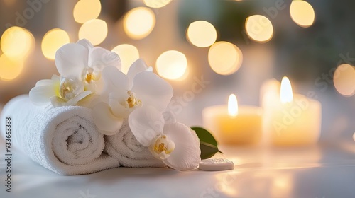 Gentle bokeh lights on a white background, evoking a tranquil spa environment, perfect for promoting beauty and relaxation services.