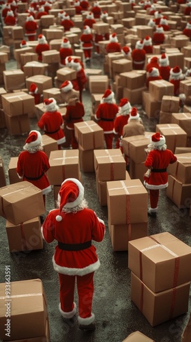 Santa's workshop in overdrive: Countless figures in red suits navigate a maze of cardboard boxes, preparing for the holiday rush in a surreal, repetitive scene.