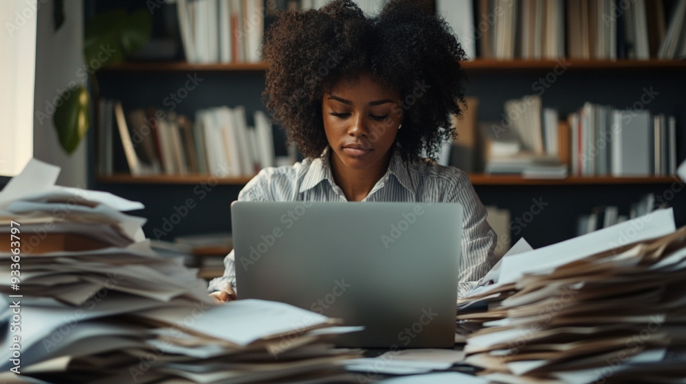 Focused professional immersed in work, surrounded by stacks of papers and books, typing intently on laptop in home office environment. Determination evident. Focused professional immersed in work, surrounded by stacks of papers and books, typing intently on laptop in home office environment. Determination evident.