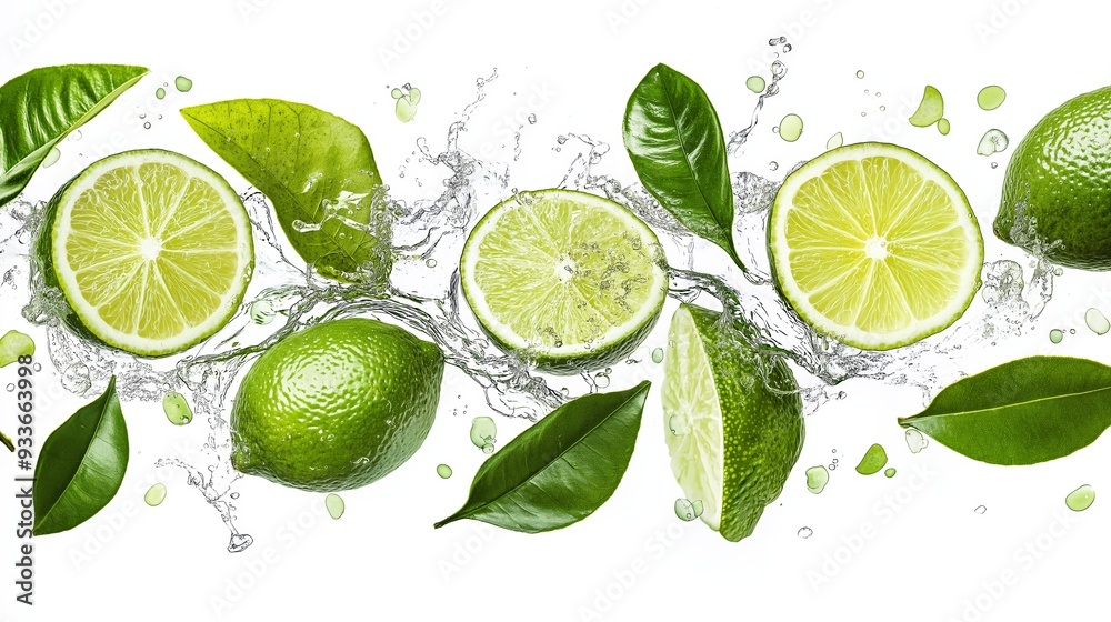 A row of lime slices with water splashing around them