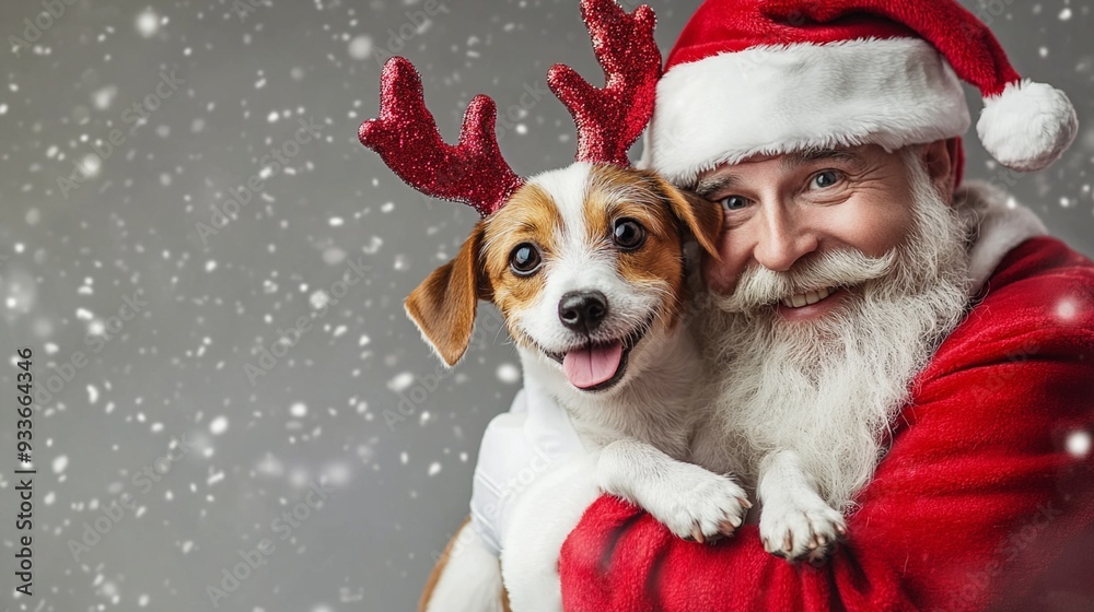 Festive portrait of a jolly Santa Claus figure embracing a cheerful Jack Russell terrier wearing reindeer antlers, set against a snowy background, capturing holiday spirit. Festive portrait of a jolly Santa Claus figure embracing a cheerful Jack Russell terrier wearing reindeer antlers, set against a snowy background, capturing holiday spirit.