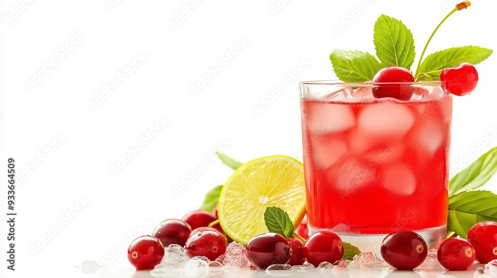 A glass of red drink with a lime wedge and a cherry on top. The drink is garnished with a sprig of mint A glass of red drink with a lime wedge and a cherry on top. The drink is garnished with a sprig of mint