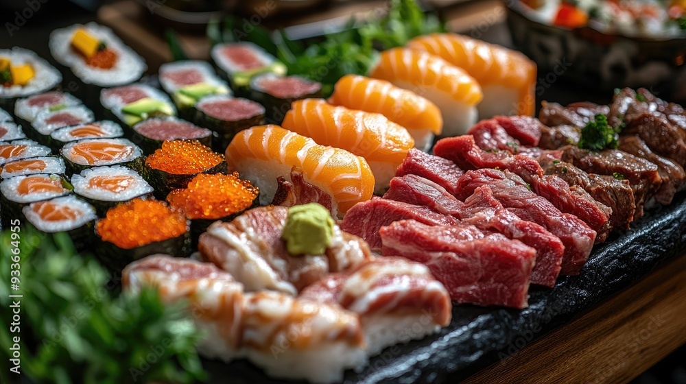 sushi, lamb, beef, lamb chops, beef steak, ribs, vegetables, salad, close-up focus, wasabi, natto, and vegetable, background with blurry effect sushi, lamb, beef, lamb chops, beef steak, ribs, vegetables, salad, close-up focus, wasabi, natto, and vegetable, background with blurry effect