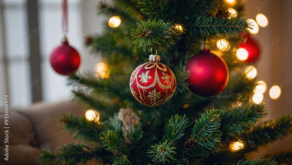 Fototapeta premium Putting ornaments on the Christmas tree