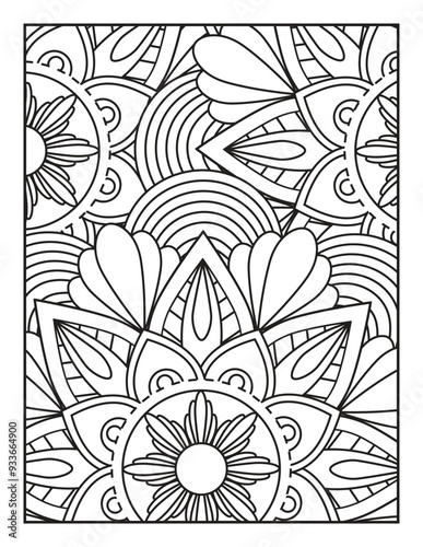 Vector coloring. Geometric floral pattern. Contour drawing on a white background. coloring page for children and adults. Mandala Coloring Pages. Seamless vector pattern. Black and white linear drawing