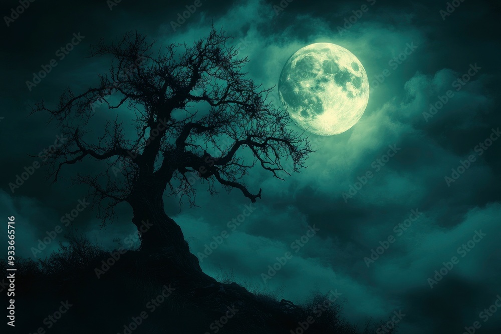 Halloween night ; A dark tree against a full moon with clouds in with generative ai Halloween night ; A dark tree against a full moon with clouds in with generative ai