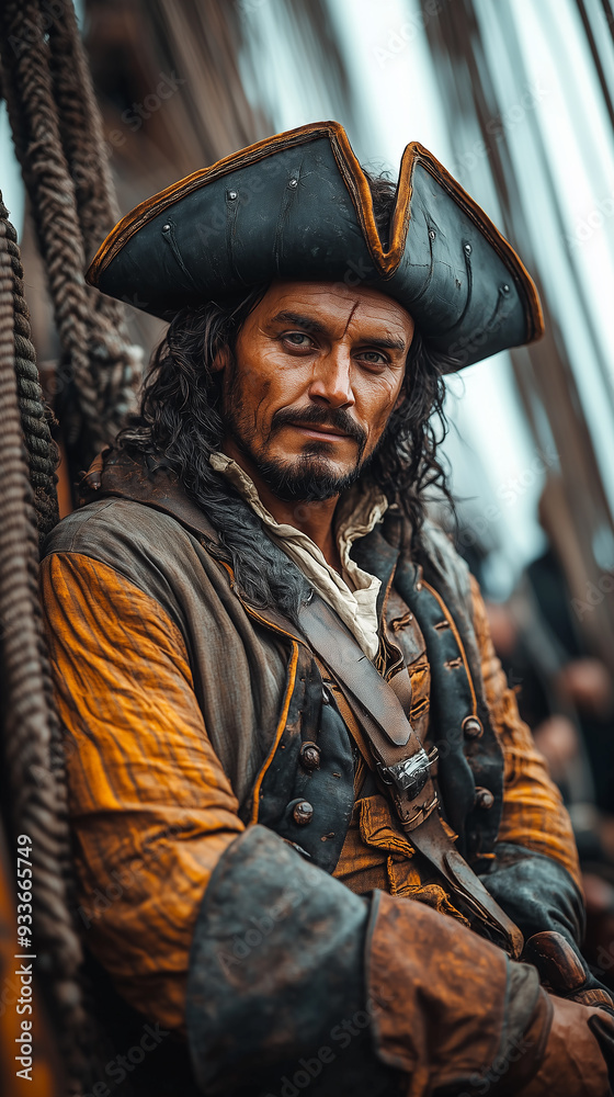 Portrait of an ancient times pirate standing on a sailboat. Portrait of an ancient times pirate standing on a sailboat.