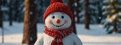 snowman smiling standing in snow near spruce trees. Cute new year, christmas holiday character smiling in red mittens scarf and hat