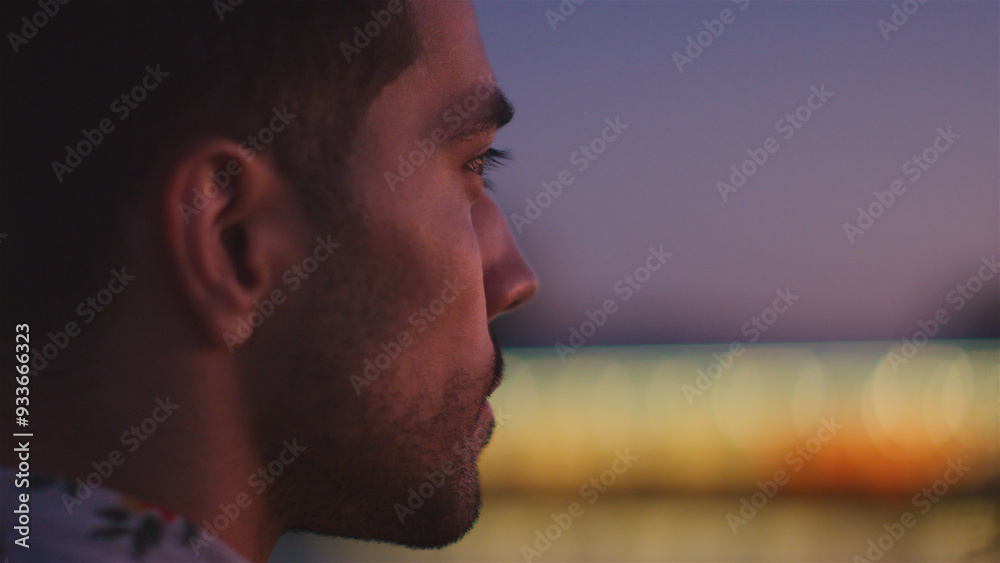 Close Up Of Man Looking At Illuminated City Skyline Of Manhattan At Dusk Close Up Of Man Looking At Illuminated City Skyline Of Manhattan At Dusk