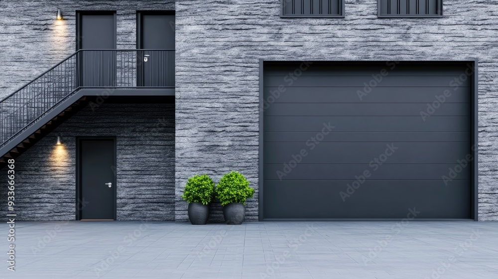 Fototapeta premium A front view showcases a modern house featuring a grey stone wall, wooden stairs, and colorful flower pots adorning the entrance