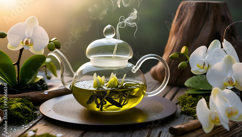 Blooming green tea in a delicate handblown glass teapo photo