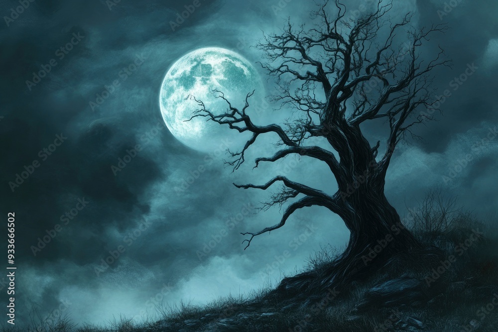 Halloween night ; A dark tree against a full moon with clouds in with generative ai Halloween night ; A dark tree against a full moon with clouds in with generative ai