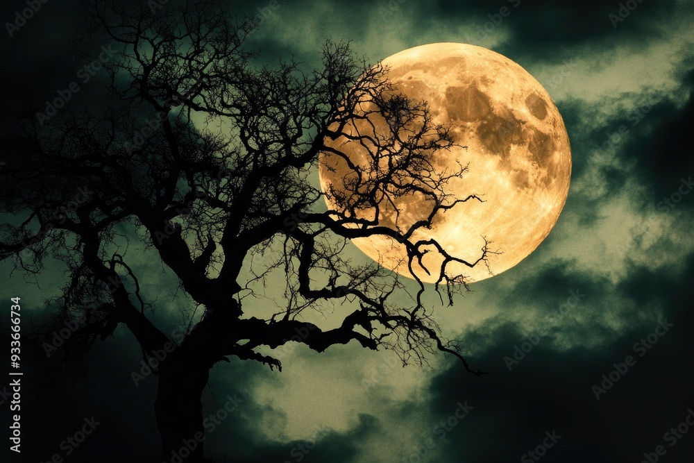 Naklejka premium Halloween night ; A dark tree against a full moon with clouds in with generative ai