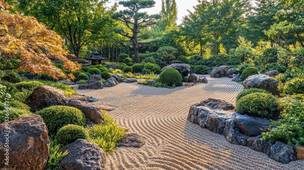 Tranquil Japanese Zen Garden with Meticulously Raked Sand for Relaxation and Meditation Tranquil Japanese Zen Garden with Meticulously Raked Sand for Relaxation and Meditation
