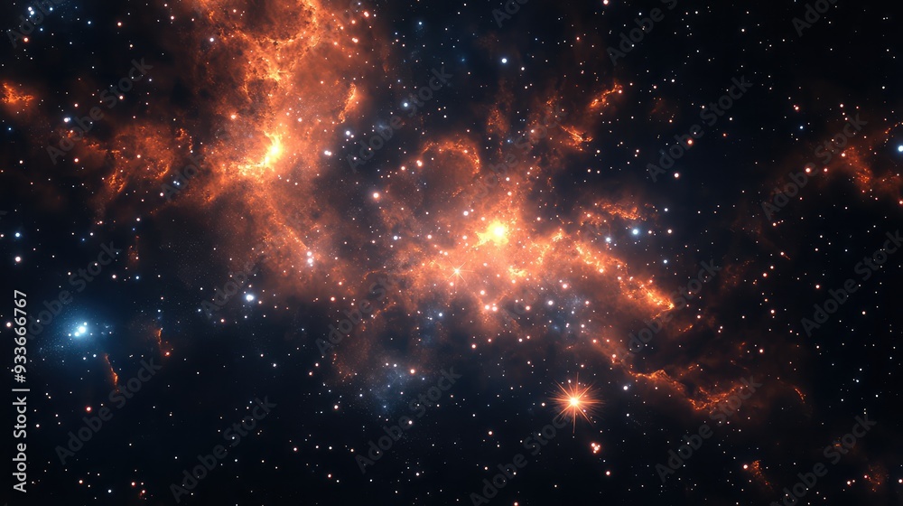 Naklejka premium A distant starfield with scattered cosmic particles and faint glowing remnants from an ancient cosmic collision.