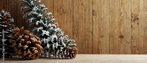 Vertical interior mock up with snowy pine cones on empty wooden wall background. 3D rendering