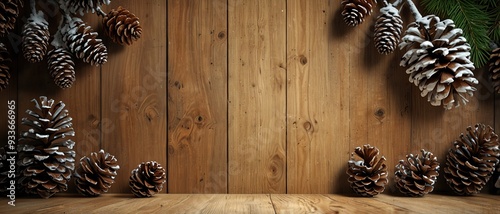 Vertical interior mock up with snowy pine cones on empty wooden wall background. 3D rendering