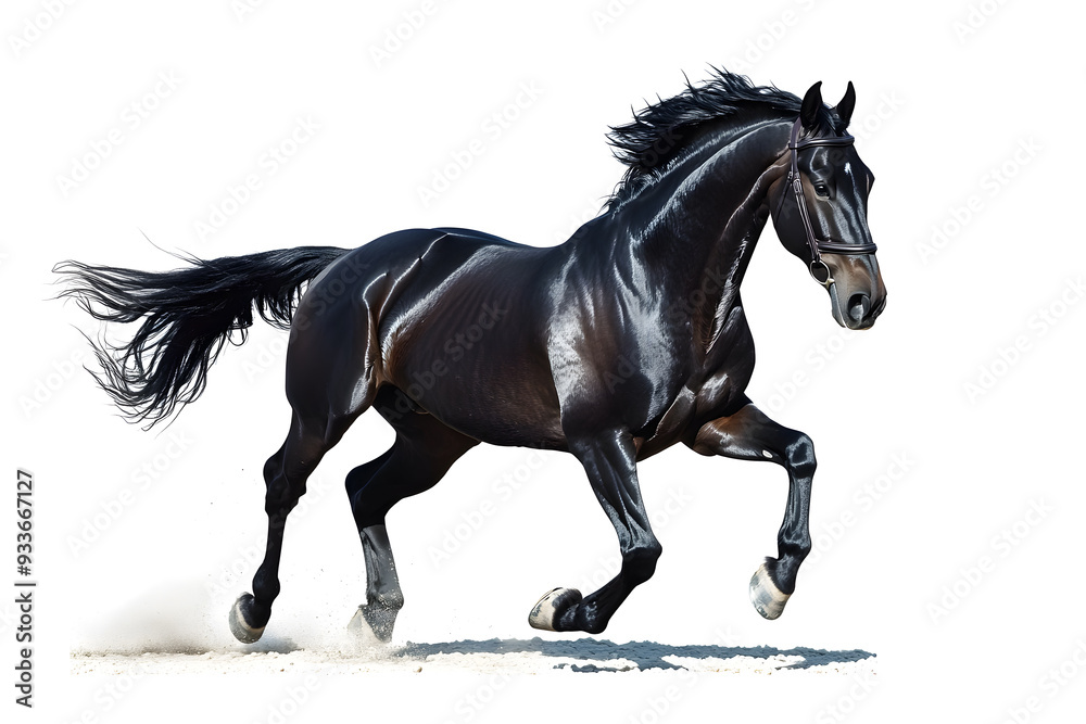 Obraz premium Beautiful black horse galloping isolated on white background