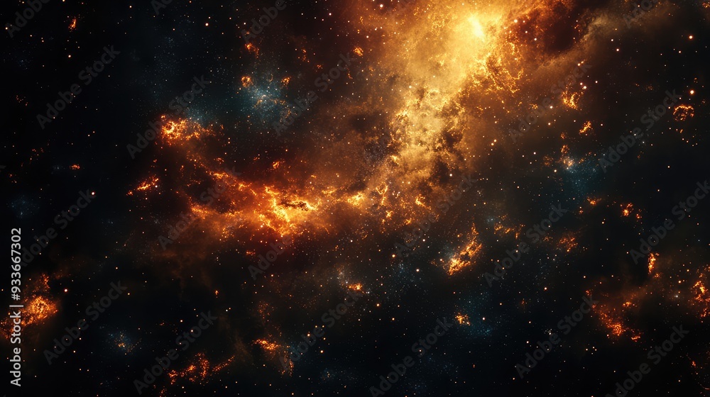 Naklejka premium A cosmic landscape showing glowing, ethereal residue from ancient stellar events, blending with the dark, vast universe.