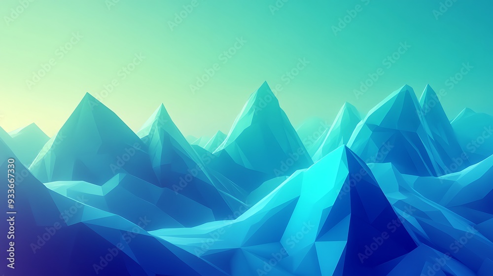 Surreal Low-Poly Mountain Range on Radiant Blue and Green Gradient Background Surreal Low-Poly Mountain Range on Radiant Blue and Green Gradient Background