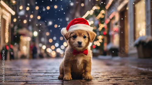 Cute little puppy with Santa hat on the street with the festive witner hliday bokeh lights in the background. Christmas and New Year concept. photo