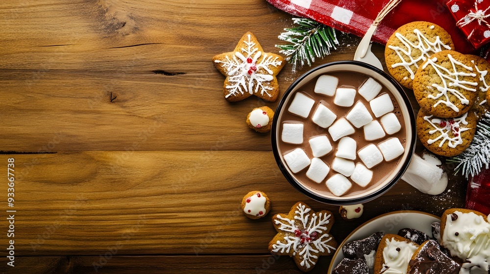 A mug of hot cocoa with marshmallows and cookies on a wood background. A mug of hot cocoa with marshmallows and cookies on a wood background.