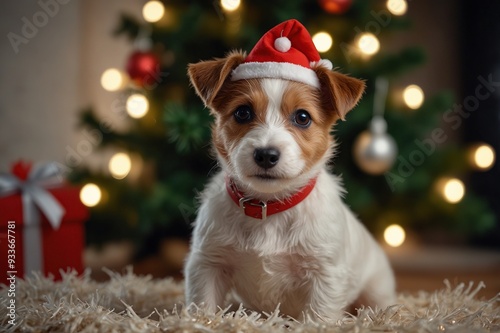 Wire Haired Jack Russell Terrier puppy as christmas present for children concept. Rough coated pup by the decorated holiday tree, festive bokeh lights. Close up