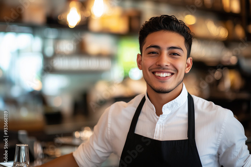 smiling man in a white shirt and black apron stands in front of a bar