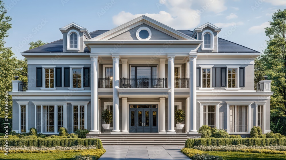 A 2-storey house with a traditional design, including a symmetrical facade, large front porch A 2-storey house with a traditional design, including a symmetrical facade, large front porch