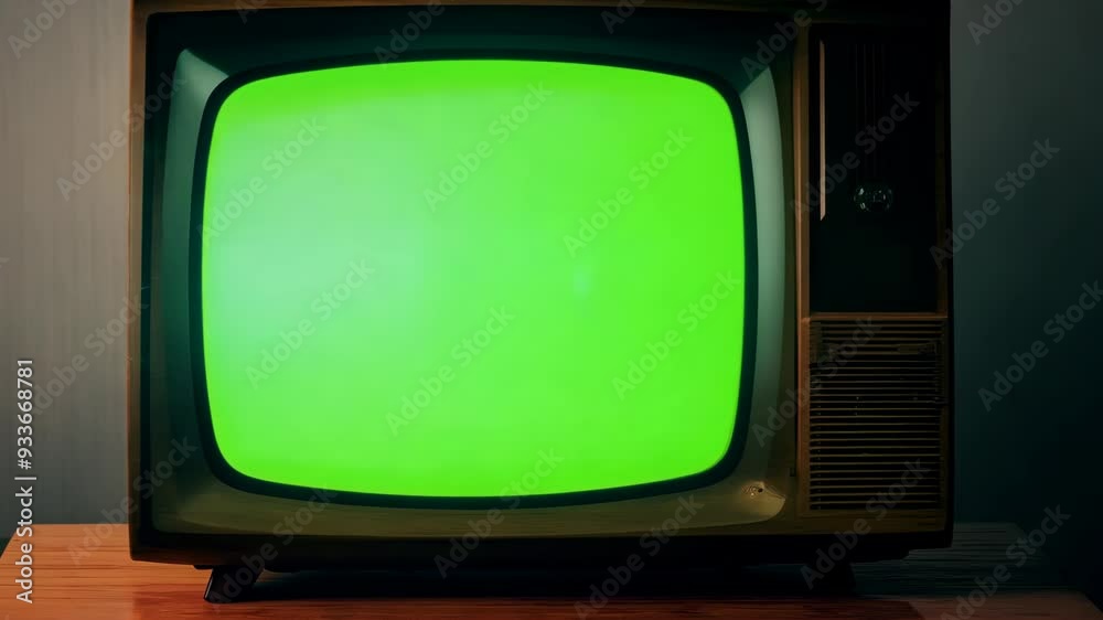 Vintage television with a green screen in a retro-style room at night