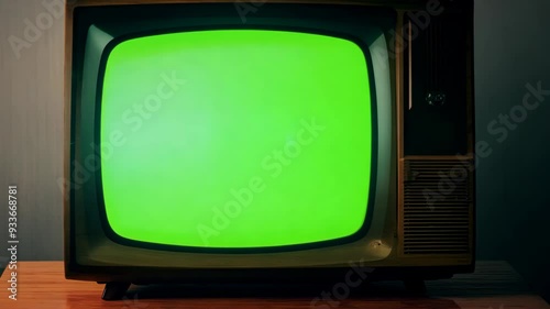 Vintage television with a green screen in a retro-style room at night