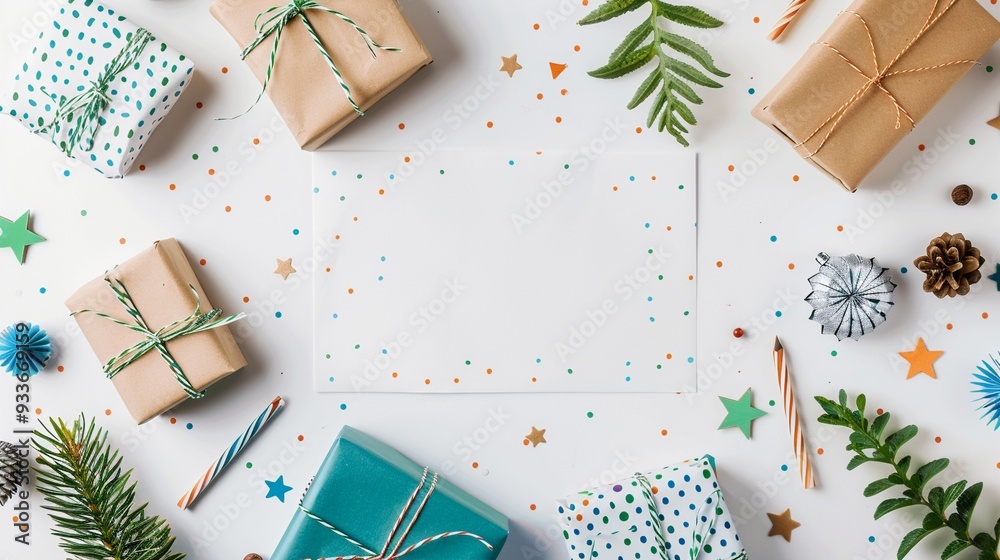Festive holiday flatlay with wrapped gifts, pine branches, and colorful decorations creating a cheerful frame around white copy space for text. Festive holiday flatlay with wrapped gifts, pine branches, and colorful decorations creating a cheerful frame around white copy space for text.