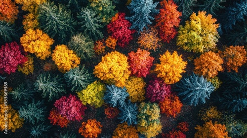 Vibrant Aerial Panorama of Autumn Forest Canopy with Colorful Foliage Diversity