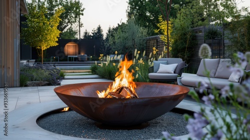 A contemporary firepit with a sleek metal design, surrounded by modern outdoor lounge chairs and cushions,